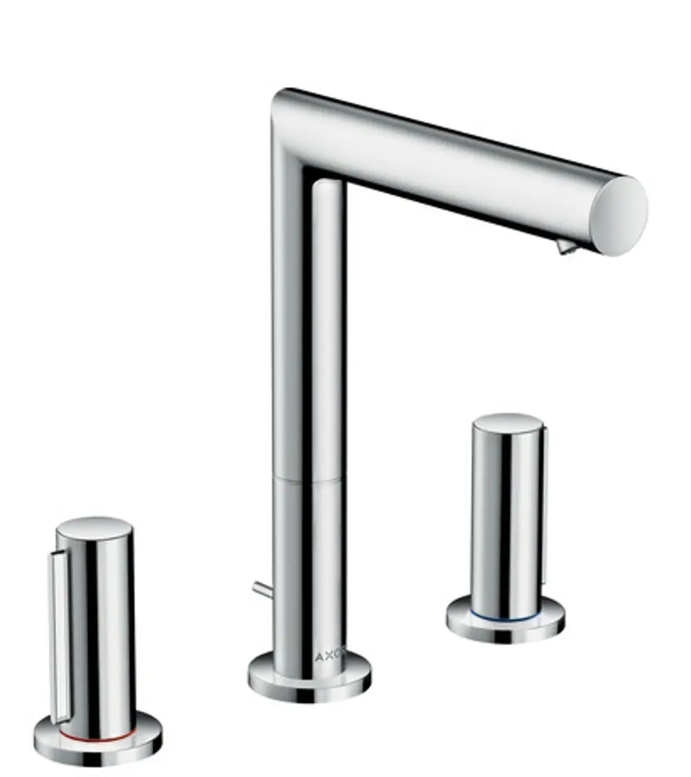 Waschtischarmatur mit drei Teilen, chromfarben, bestehend aus einem hohen Wasserhahn und zwei Steuergriffen. Design von AXOR, geeignet für moderne Badezimmeranwendungen.